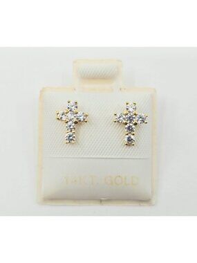 Unique Tiny 14K Karat Solid Yellow Gold Religious Cross Shaped CZ Stud Earrings